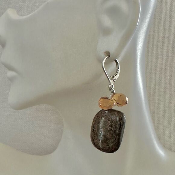 Earthy Polished Stone Earrings with Amber-Toned Crystals - Picture 6 of 8